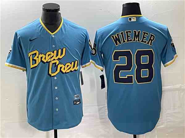 Men's Milwaukee Brewers #28 Joey Wiemer 2022 Powder Blue City Connect Cool Base Stitched Jersey