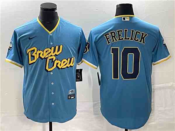 Men's Milwaukee Brewers #10 Sal Frelick 2022 Powder Blue City Connect Cool Base Stitched Jersey