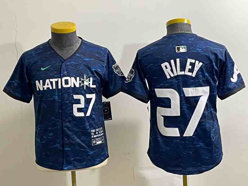 Youth Atlanta Braves #27 Austin Riley Number Royal 2023 All Star Cool Base Stitched Baseball Jersey