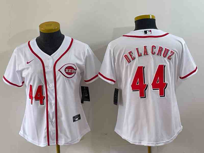 Youth  Cincinnati Reds #44 Elly De La Cruz Number White With Patch Cool Base Stitched Jersey