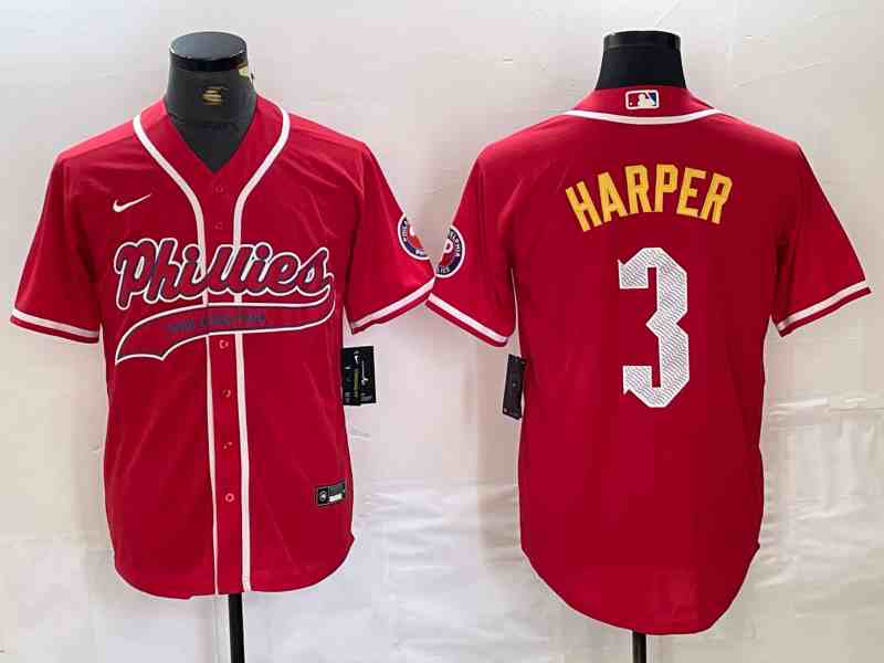 Men's Philadelphia Phillies #3 Bryce Harper Red Cool Base Stitched Baseball Jersey