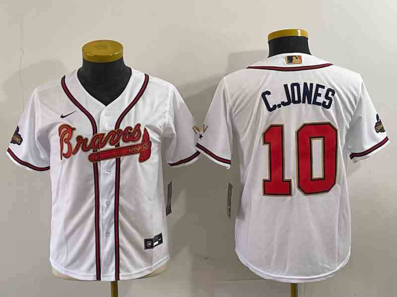 Women's Atlanta Braves #10 Chipper Jones 2022 White Gold World Series Champions Cool Base Stitched Jersey