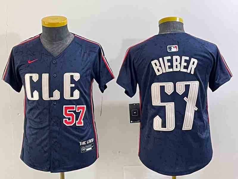 Youth Cleveland Guardians #57 Shane Bieber Number Navy 2024 City Connect Limited Stitched Jerseys