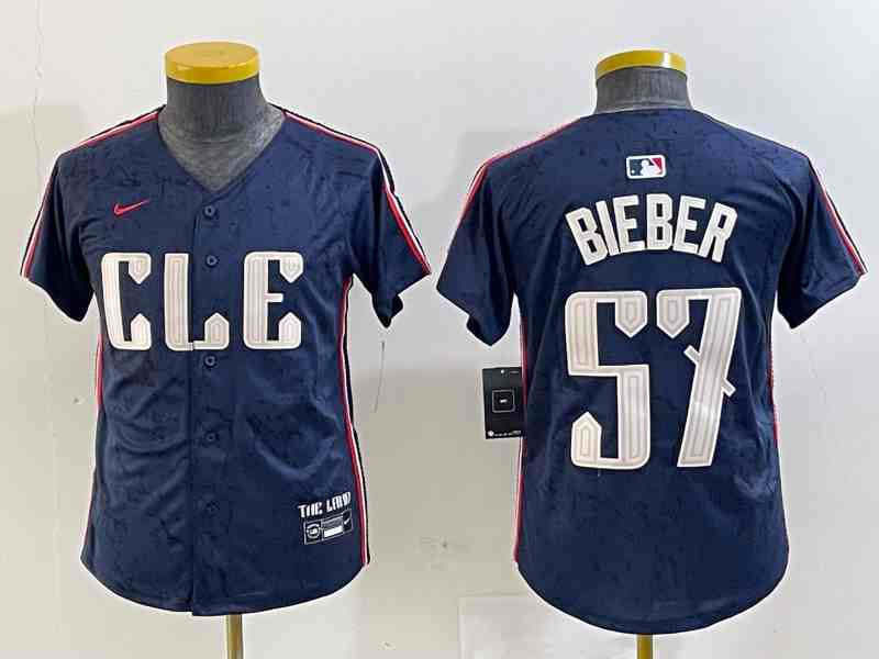 Youth Cleveland Guardians #57 Shane Bieber Navy 2024 City Connect Limited Stitched Jersey