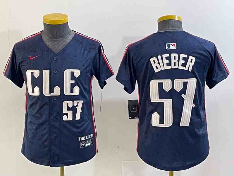 Youth Cleveland Guardians #57 Shane Bieber Number Navy 2024 City Connect Limited Stitched Jersey