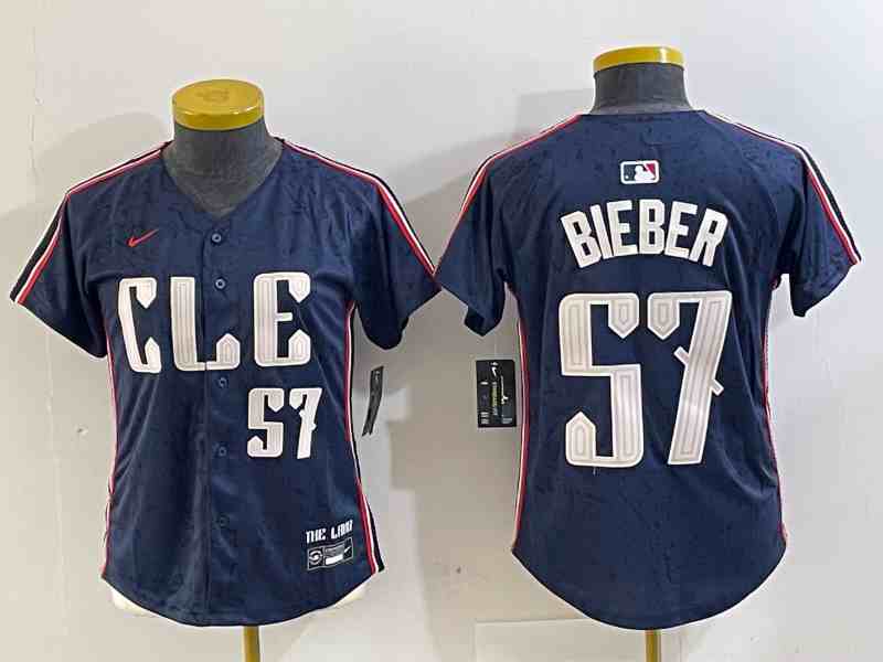 Women's Cleveland Guardians #57 Shane Bieber Number Navy 2024 City Connect Limited Stitched Jersey