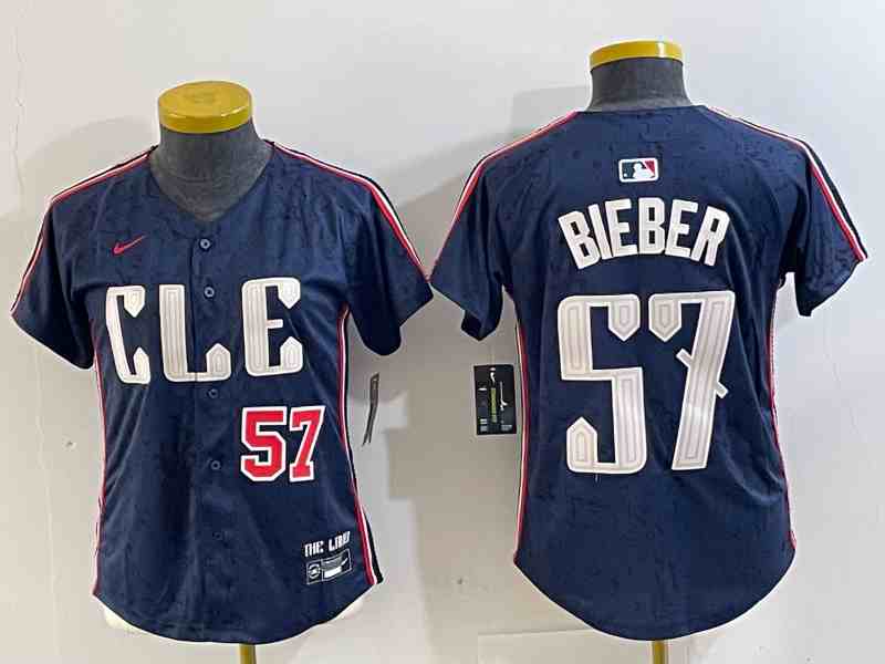 Women's Cleveland Guardians #57 Shane Bieber Number Navy 2024 City Connect Limited Stitched Jerseys