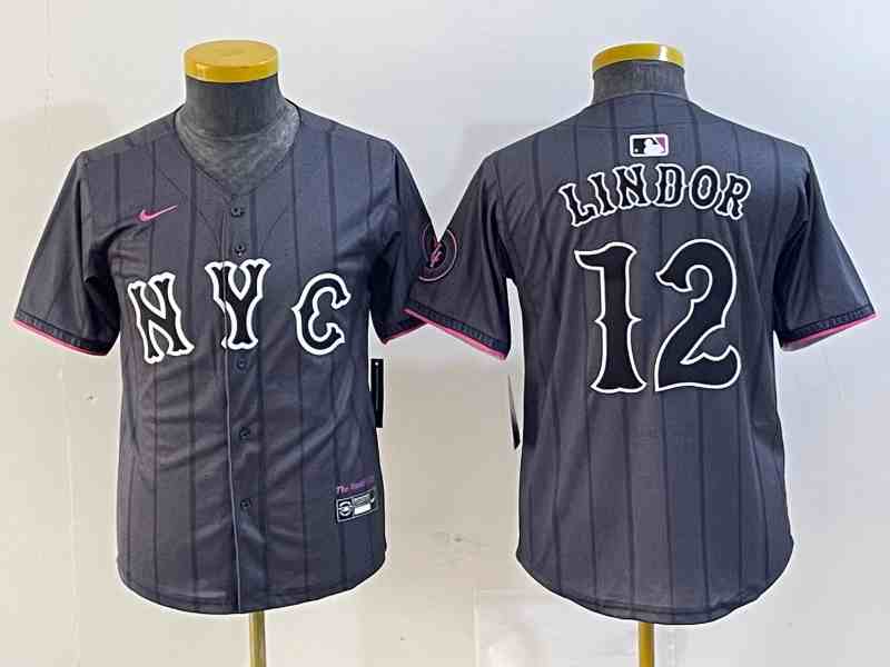 Youth New York Mets #12 Francisco Lindor Grey 2024 City Connect Cool Base Stitched Jersey