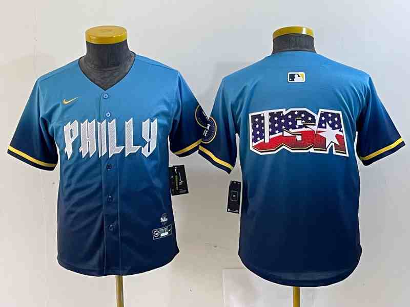 Youth Philadelphia Phillies Team Big Logo Blue 2024 City Connect Limited Stitched Baseball Jersey (2)