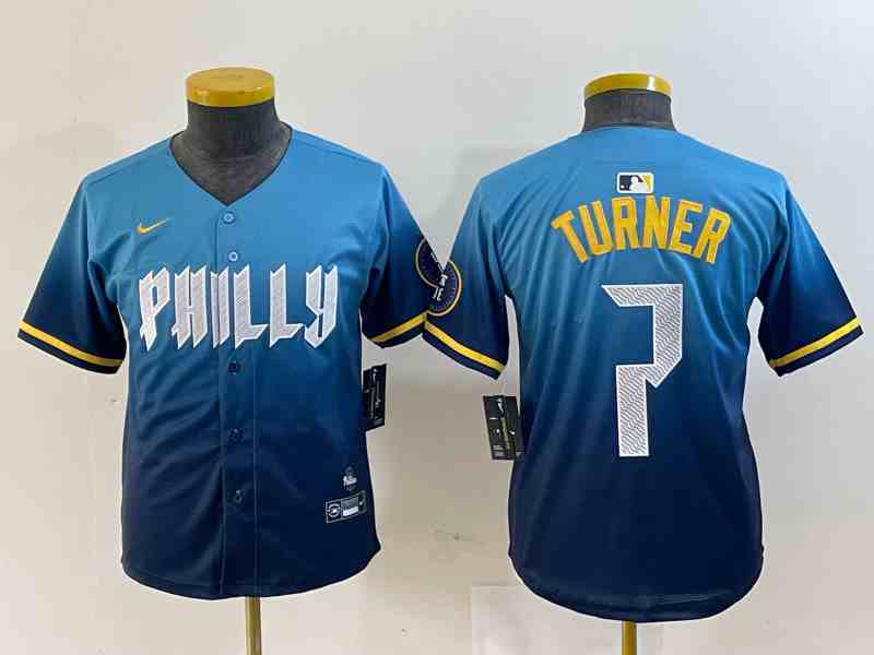 Youth Philadelphia Phillies #7 Trea Turner Blue 2024 City Connect Limited Stitched Baseball Jersey