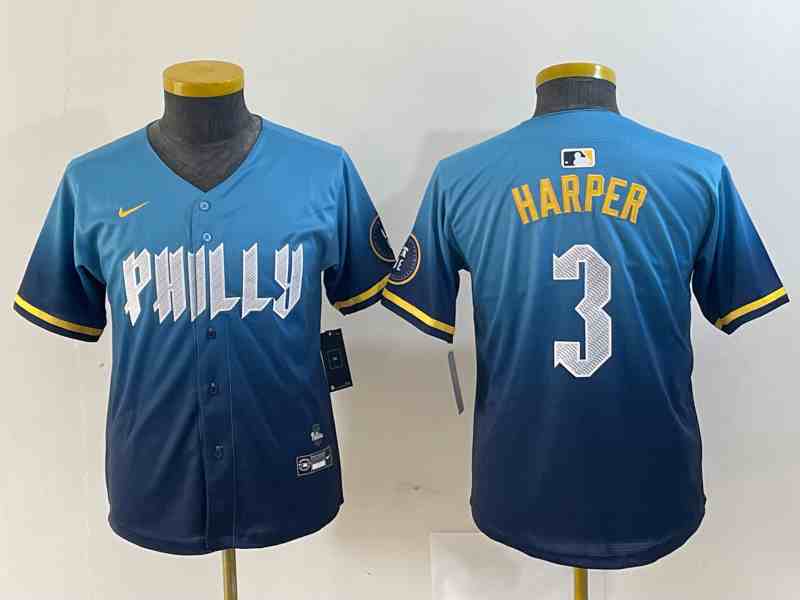 Youth Philadelphia Phillies #3 Bryce Harper Blue 2024 City Connect Limited Stitched Baseball Jersey