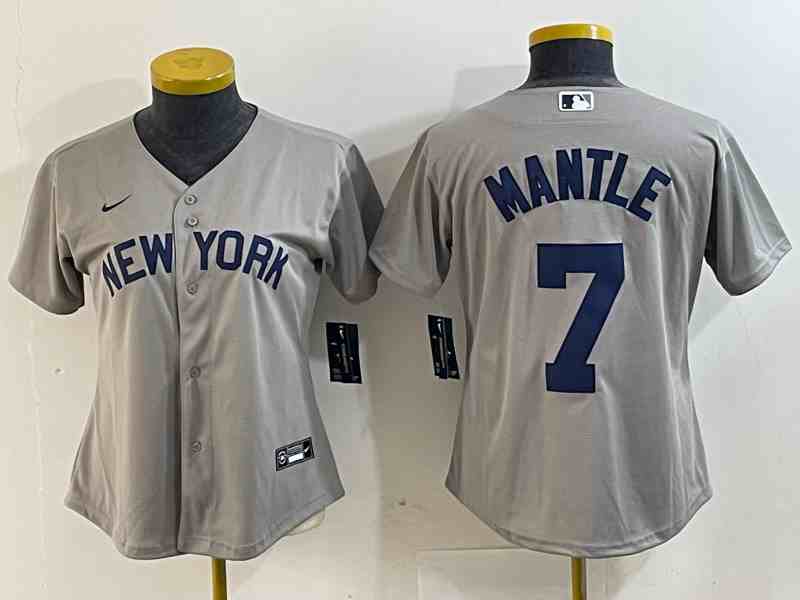 Women's New York Yankees #7 Mickey Mantle Name  Grey Field of Dreams Cool Base Stitched Jersey