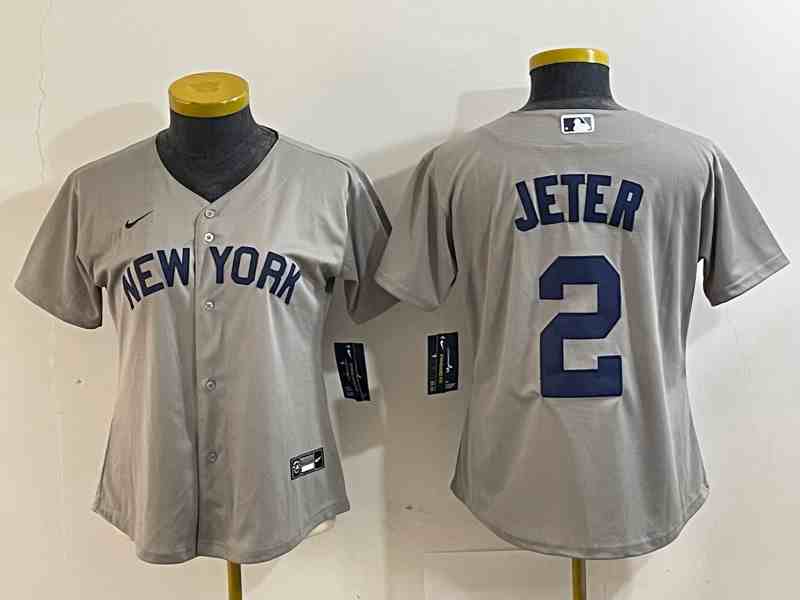 Women's New York Yankees #2 Derek Jeter Name 2021 Grey Field of Dreams Cool Base Stitched Jersey