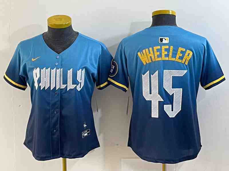 Women's Philadelphia Phillies #45 Zack Wheeler Blue 2024 City Cool Base Stitched Jersey