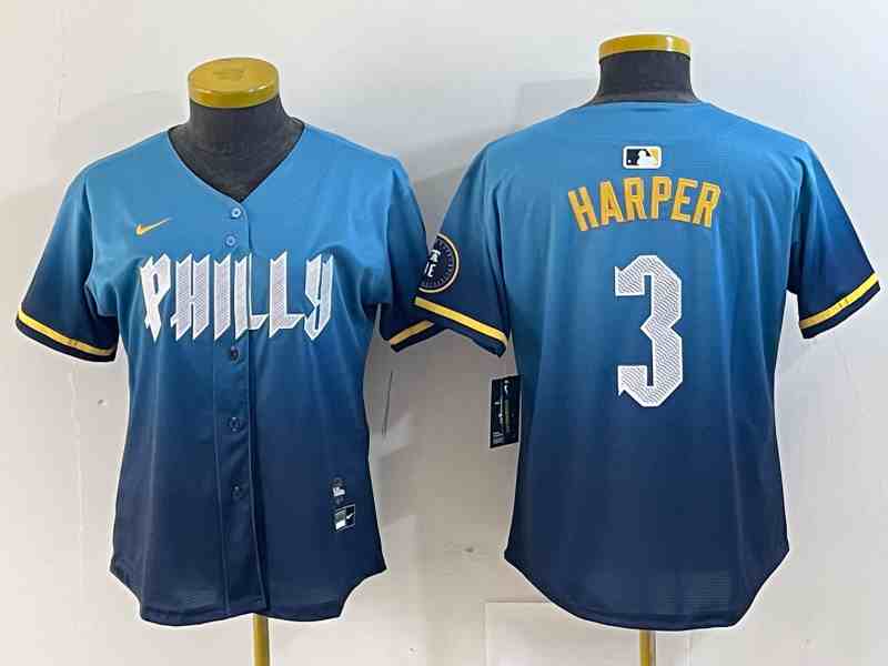 Women's Philadelphia Phillies #3 Bryce Harper Blue 2024 City Connect Limited Stitched Jersey