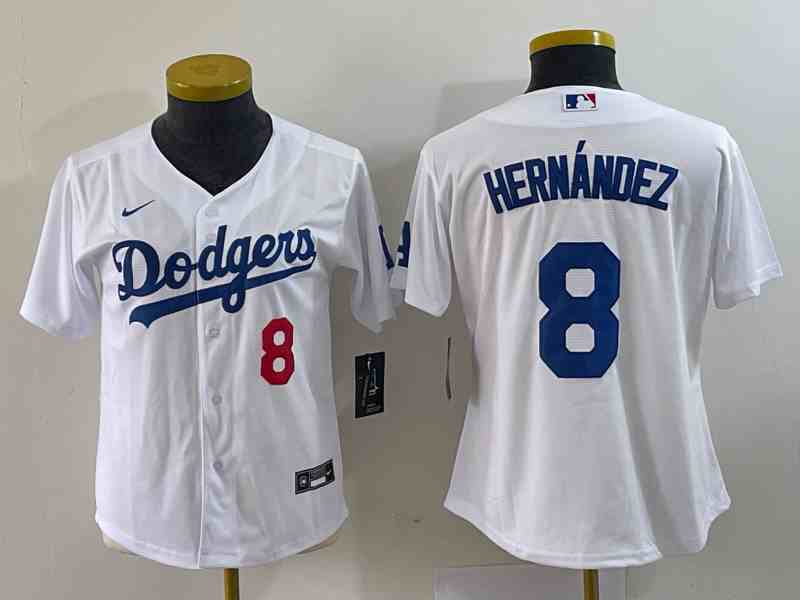 Youth Los Angeles Dodgers #8 Kike Hernandez Number White Stitched Cool Base Nike Jersey