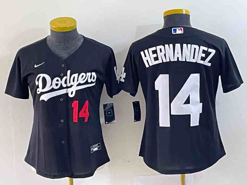 Women's Los Angeles Dodgers #14 Enrique Hernandez Number Black Stitched Cool Base Nike Jersey