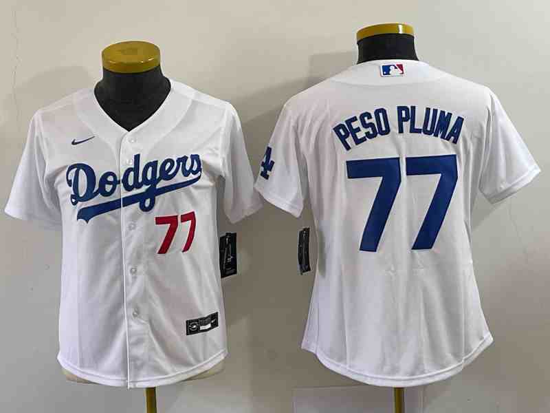 Women's Los Angeles Dodgers #77 Peso Pluma Number White Stitched Cool Base Nike Jersey