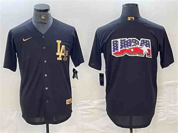 Los Angeles Dodgers Team Big Logo Black Cool Base Stitched Baseball Jersey (2)