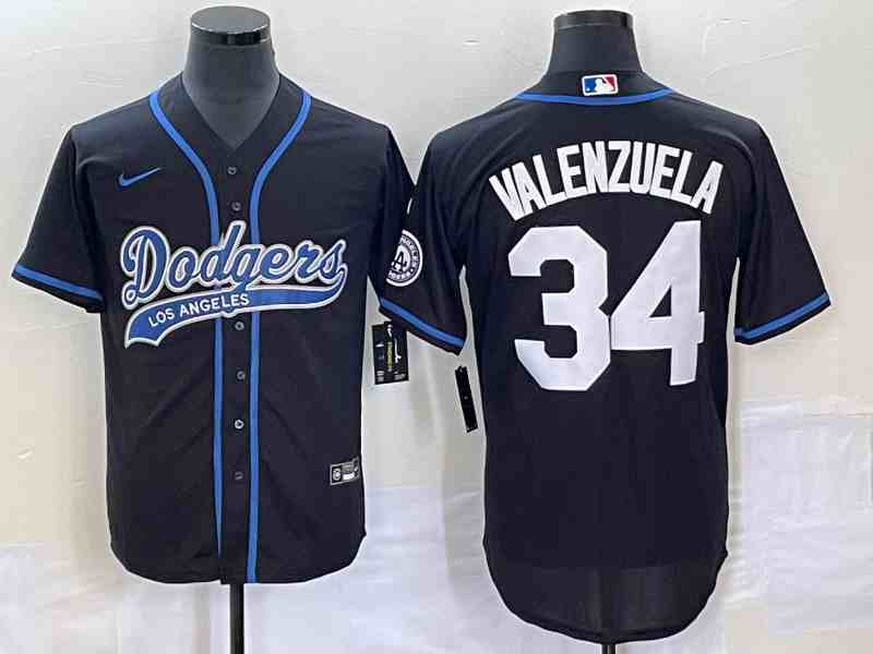 Men's Los Angeles Dodgers #34 Fernando Valenzuela Black With Patch Cool Base Stitched Baseball Jersey