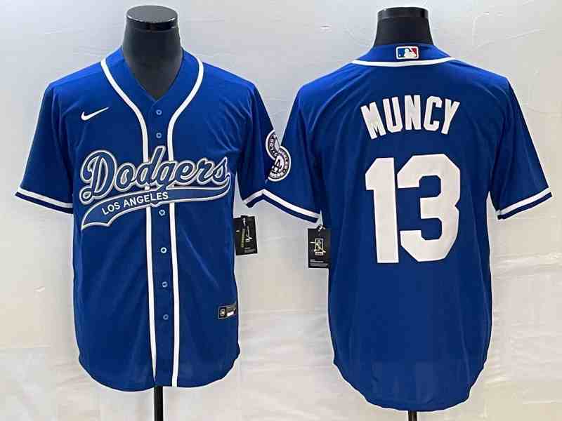 Men's Los Angeles Dodgers #13 Max Muncy  Number Blue With Patch Cool Base Stitched Baseball Jersey