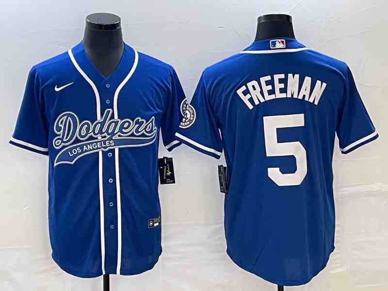 Men's Los Angeles Dodgers #5 Freddie Freeman Number Blue With Patch Cool Base Stitched Baseball Jersey