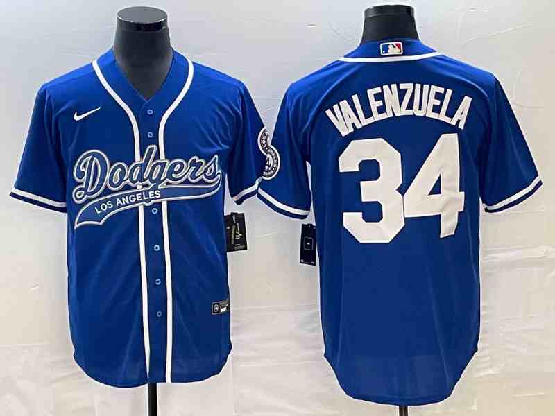 Men's Los Angeles Dodgers #34 Fernando Valenzuela Number Blue With Patch Cool Base Stitched Baseball Jersey