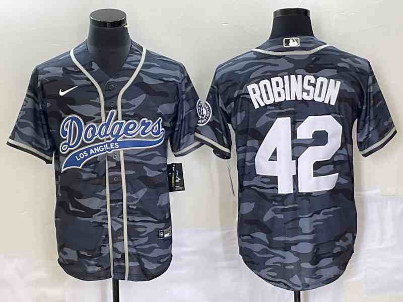 Men's Los Angeles Dodgers #42 Jackie Robinson Grey Camo Cool Base With Patch Stitched Baseball Jersey