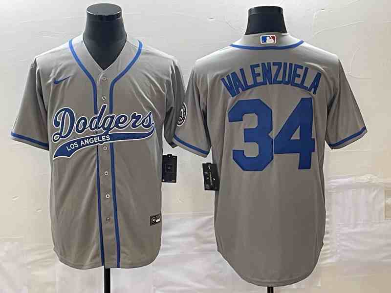 Men's Los Angeles Dodgers #34 Fernando Valenzuela Grey With Patch Cool Base Stitched Baseball Jersey1