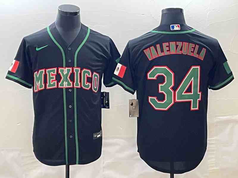 Men's Los Angeles Dodgers #34 Fernando Valenzuela 2023  world cup Mexico Font red border Stitched Baseball  Green Jersey5