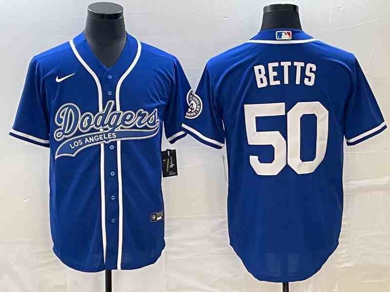Men's Los Angeles Dodgers #50 Mookie Betts Number Blue With Patch Cool Base Stitched Baseball Jersey1