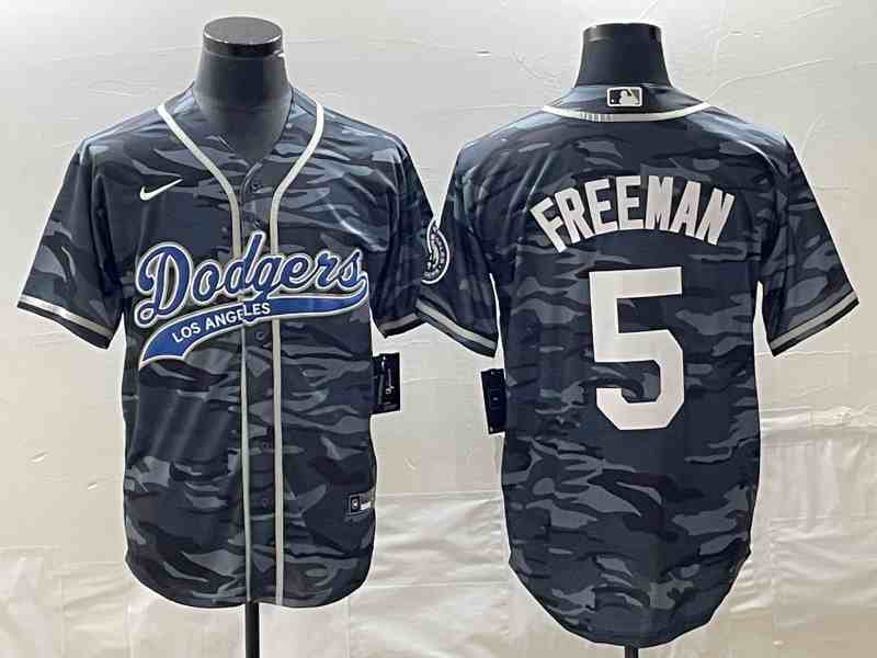Men's Los Angeles Dodgers #5 Freddie Freeman Gray Camo Cool Base With Patch Stitched Baseball Jersey