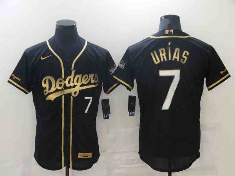 Men's Los Angeles Dodgers #7 Julio Urias Black 2020 Champions Golden Edition Stitched Flex Base Nike Jersey