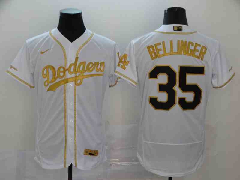 Men's Los Angeles Dodgers #35 Cody Bellinger White Retro gold character 2020 Nike Cool Base Jersey
