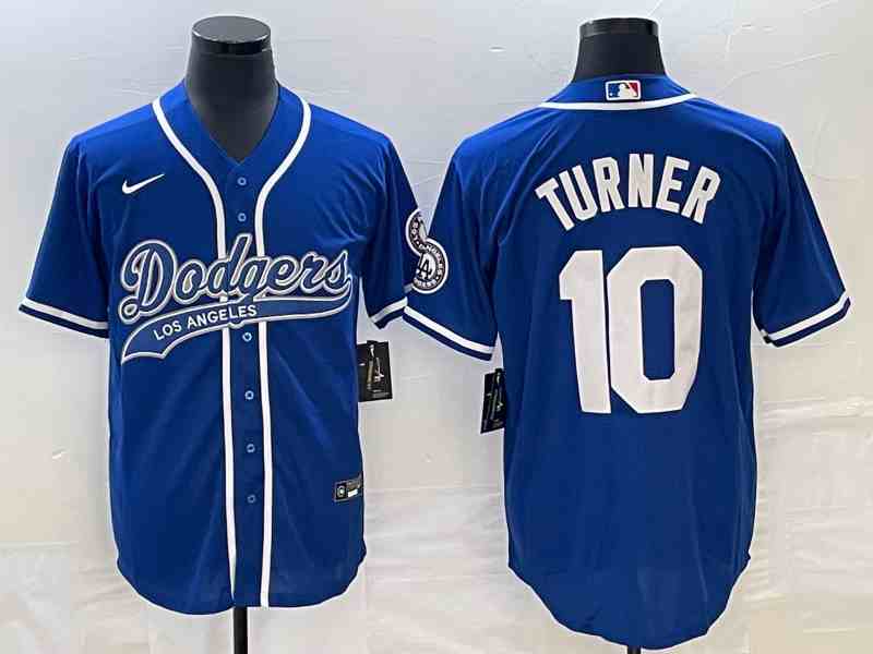 Men's Los Angeles Dodgers #10 Justin Turner Number Blue With Patch Cool Base Stitched Baseball Jersey