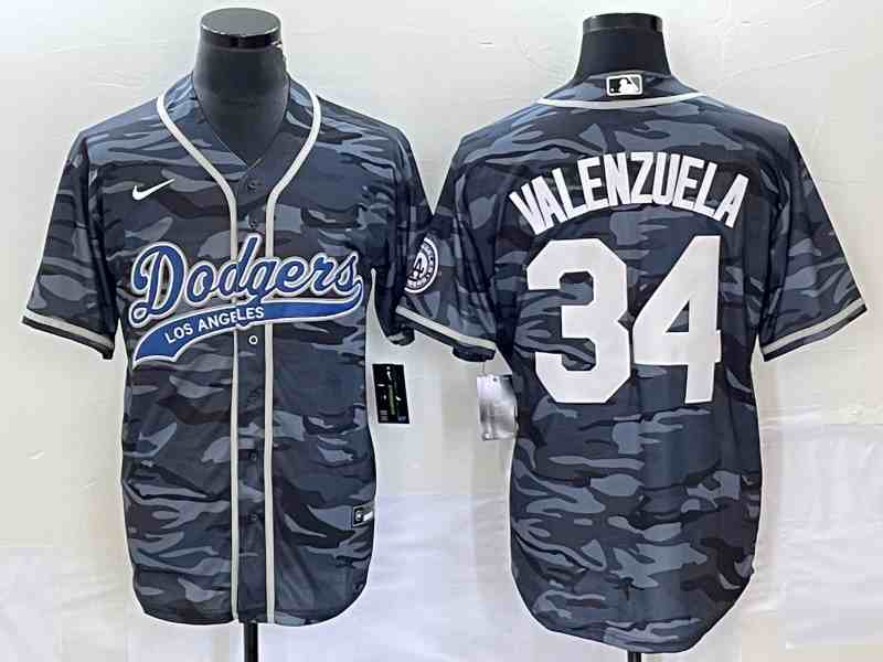 Men's Los Angeles Dodgers #34 Toro Valenzuela Gray Camo Cool Base With Patch Stitched Baseball Jersey 2