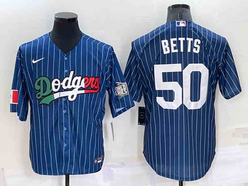 Mens Los Angeles Dodgers #50 Mookie Betts Number Rainbow Blue Red Pinstripe Mexico Cool Base Nike Jersey