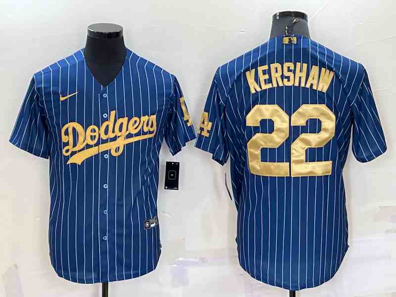 Men's Los Angeles Dodgers #22 Clayton Kershaw  Navy Blue Gold Pinstripe Stitched MLB Cool Base Nike Jersey