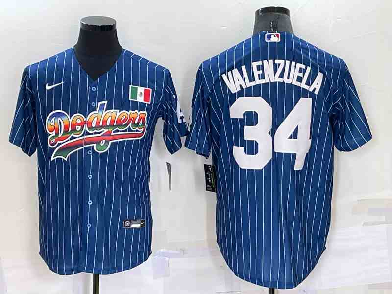 Men's Los Angeles Dodgers #34 Fernando Valenzuela Number Rainbow Blue Red Pinstripe Mexico Cool Base Nike Jersey