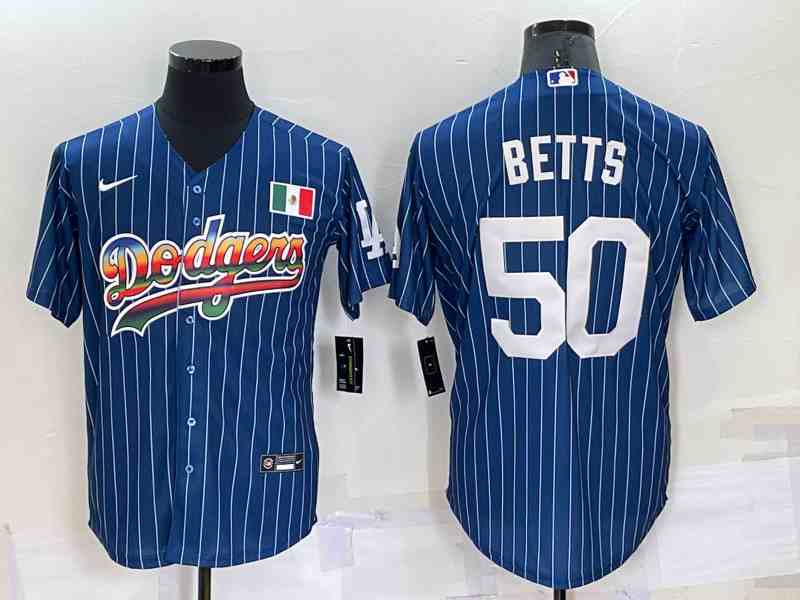 Men's Los Angeles Dodgers #50 Mookie Betts Navy Blue Pinstripe 2020 World Series Cool Base Nike Jersey