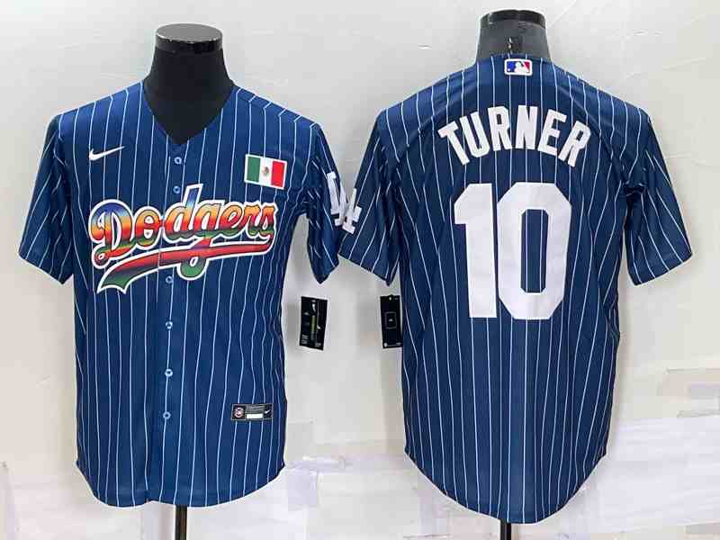 Men's Los Angeles Dodgers #10 Justin Turner Rainbow Blue Red Pinstripe Mexico Cool Base Nike Jersey