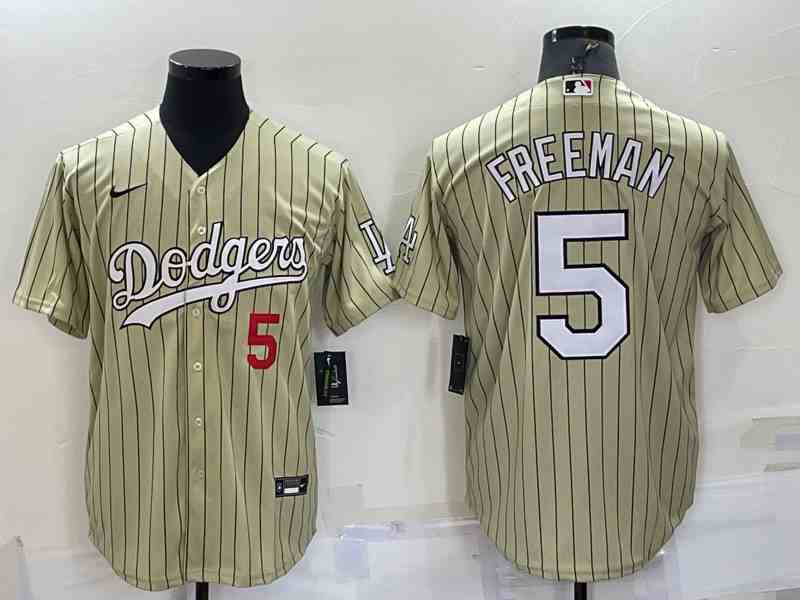 Men's Los Angeles Dodgers #5 Freddie Freeman Number Cream Pinstripe Stitched MLB Cool Base Nike Jersey