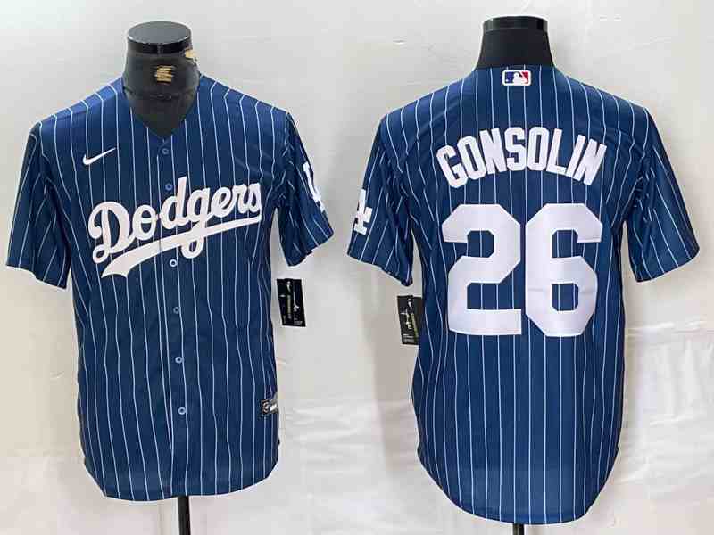 Men's Los Angeles Dodgers #26 Tony Gonsolin Number Red Navy Blue Pinstripe Stitched MLB Cool Base Nike Jersey