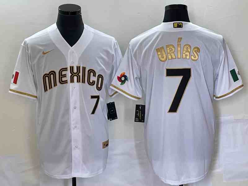 Mens Los Angeles Dodgers #7 Julio Urias Number white Mexico 2023 World cup Series Cool Base Nike Jersey