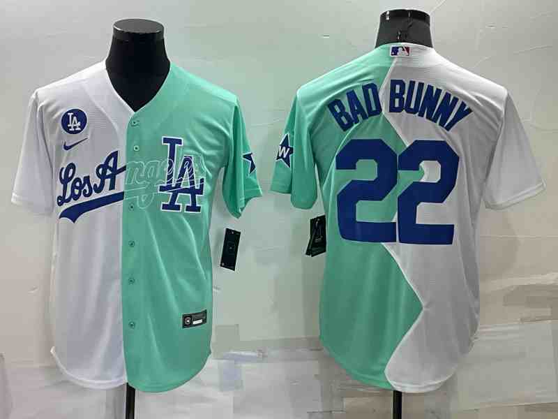 Men's Los Angeles Dodgers #22 Bad Bunny White Green Number 2022 Celebrity Softball Game Cool Base Jersey 1