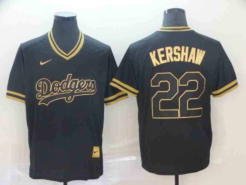Men's Los Angeles Dodgers #22 Clayton Kershaw Black Gold Nike Cooperstown Collection Legend V Neck Jersey