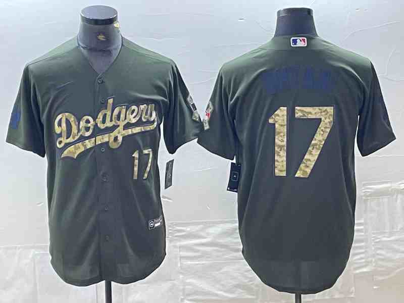 Men's Los Angeles Dodgers #17 Shohei Ohtani Number Green Salute To Service Stitched Cool Base Nike Jersey