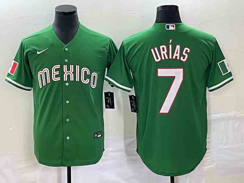 Men's Los Angeles Dodgers #7 Julio Urias 2023  world cup Font red border Stitched Baseball  Green Jersey9