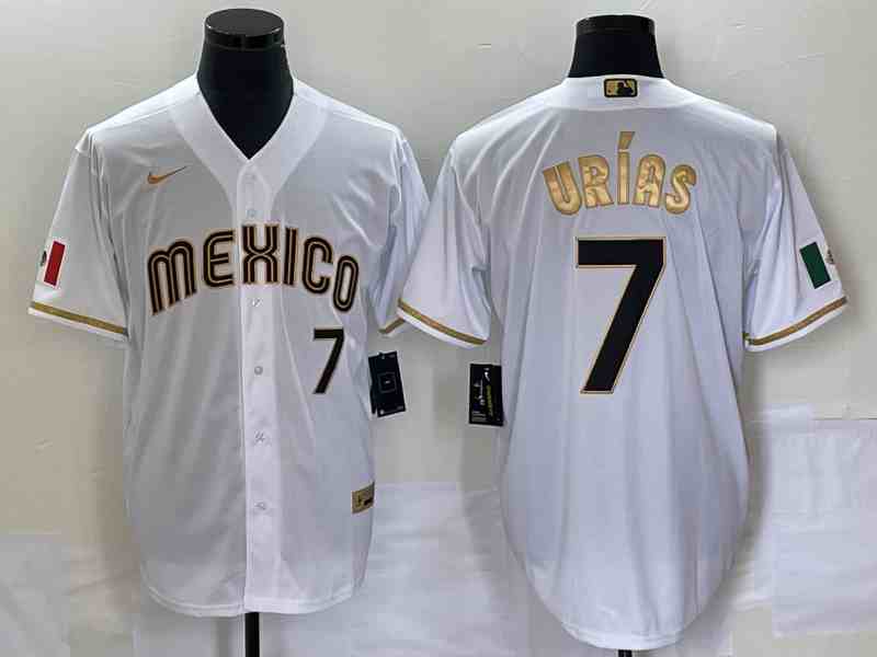 Mens Los Angeles Dodgers #7 Julio Urias Number white Mexico 2020 World Series Cool Base Nike Jersey