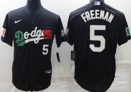 Men's Los Angeles Dodgers #5 Freddie Freeman Black Geeen White Red Mexican World Series Cool Base Jersey